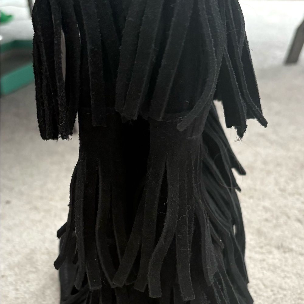 Minnetonka Moccasins 1639 Women's 3 Layer Fringe Calf High Boot Black Suede Sz 8 - Picture 2 of 6